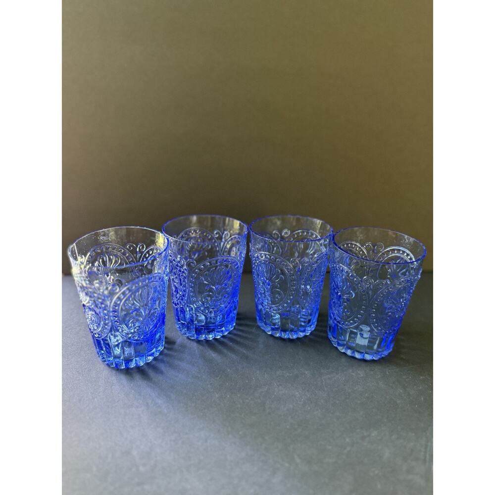 Vintage Pressed Drinking Glasses Ice Blue Tumblers Set (4) Barware Cottagecore